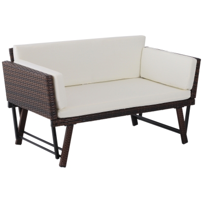 Outsunny Sofá de 2 Lugares Vime Sintético Convertível em Cama Sofá de Jardim Exterior com Almofada Mobiliário Pátio Terraço 129x66x67cm Marrom e Bege