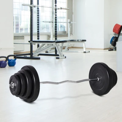 HOMCOM Barra de Pesos Curvada com 8 Discos de Peso Intercambiáveis até 70kg de Aço para Treinamento Culturismo em Academia Casa 140x38,5x38,5cm Preto