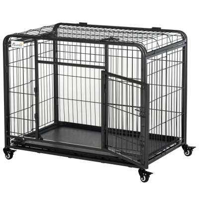 PawHut Gaiola dobrável de metal com rodas e freios Bandeja removível e porta com travas125x76x81 cm Cinza escuro
