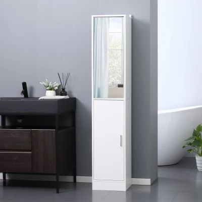 Kleankin Coluna Casa de Banho com Espelho Móvel Alto Casa de Banho com 2 Portas e Prateleiras Interiores Ajustáveis Multiúso para Cozinha Sala de Estar 32x28x162cm Branco