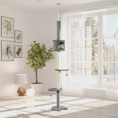 PawHut Árvore Arranhador para Gatos para Fixar ao Teto Altura Ajustável 229-235cm 260-266cm com Plataformas Caverna Postes de Sisal Bolas Penduradas  40x40x217 cm Cinza Claro