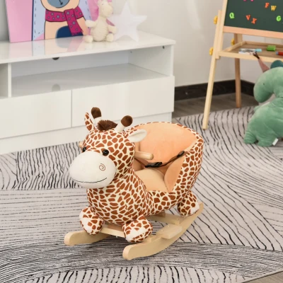 HOMCOM Baloiço para Crianças em Madeira com 32 Canções Cinturão de Segurança Girafa de Pelúcia 60x33x45 cm Marrom Claro