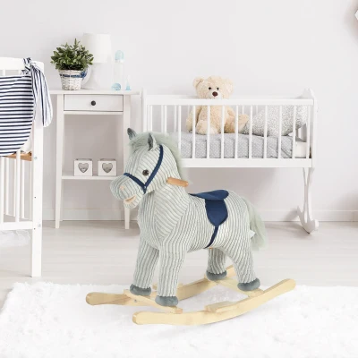 HOMCOM Baloiço Infantil de Cavalo para Crianças acima de 3 Anos Baloiço de Pelúcia com Sons de Relinchos e Galopes e Base de Madeira 73x35x64cm Azul e Cinza