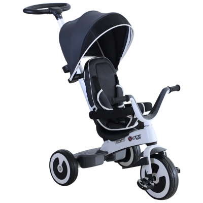 HomCom® Triciclo para bebê 4 em 1 Trolley Trike Bicicletas para crianças + 18 meses evolutivo Capuz de barra destacável cinza