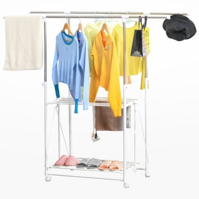 HOMCOM Charriot Dobrável para Roupa com Rodas Barras para Pendurar Extensíveis Altura Ajustável e 2 Prateleiras 88-157x50x95-160cm Branco