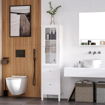 Kleankin Armário alto para banheiro Armário com 1 porta de vidro prateleiras ajustáveis  e 2 gavetas 43x35x160 cm Branco