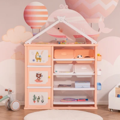 HOMCOM Estante Infantil de Brinquedos com Armário Prateleiras 4 Caixas e 3 Cestas Organizadoras de Armazenamento para Habitação de Crianças Sala de Jogos 128x34x155cm Laranja