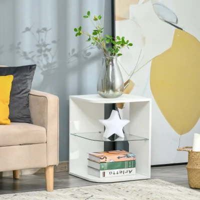 HOMCOM Mesa Auxiliar Moderna Mesa de Cabeceira com 3 Prateleiras 1 de Vidro para Sala de Estar Dormitório 40x40x56cm Branco