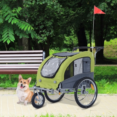 PawHut Reboque Bicicleta 2 em 1 com Guiador Amortecimento Roda Giratória 360° Refletores 155x83x108 cm Verde e Cinza