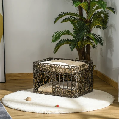 PawHut Cesta de Vime para Gatos de 2 Alturas Cama Caverna de Gatos com 2 Almofadas Suaves e Janela 56x41x45cm Café Escuro