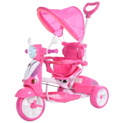 HOMCOM Triciclo para crianças a partir de 18 meses, dobrável com luz e música 102x48x96 cm Rosa