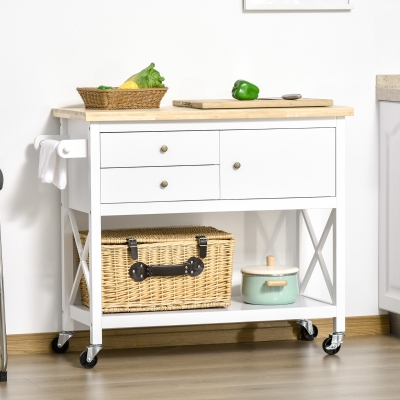HOMCOM Carrinho de Cozinha com Rodas Aparador Multifuncional com Armário 2 Gavetas Prateleira e Barra para Panos 108x45x89cm Branco
