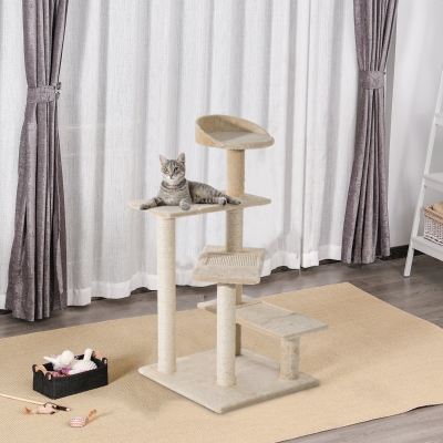 PawHut Árvore arranhador para gato com poste cama plataforma com cobertor veludo de sisal 50x50x100cm bege