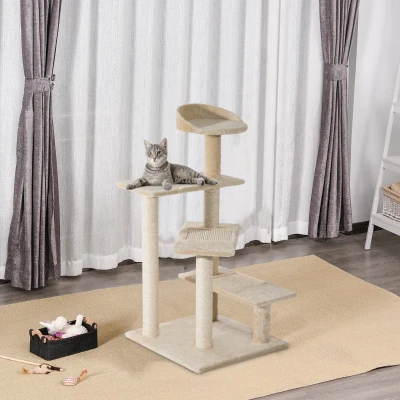 PawHut Árvore arranhador para gato com poste cama plataforma com cobertor veludo de sisal 50x50x100cm bege