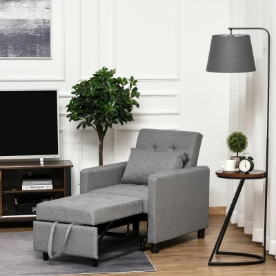 HOMCOM Sofá-cama Individual Poltrona com encosto reclinável Almofada removível Assento acolchoado e 4 rodas 69x82.5x84 cm Cinza