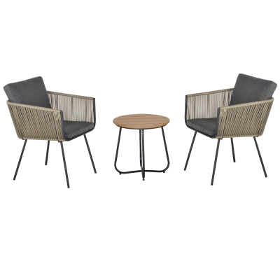 Outsunny Conjunto de Móveis de Vime Conjunto de Móveis para Jardim 3 Peças Mesa Redonda e 2 Poltronas com Almofadas Acolchoadas Pátio Terraço Cinza e Marrom