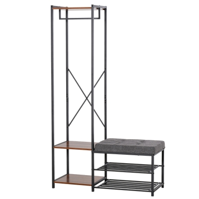 HOMCOM Móvel Cabide de Entrada com Sapateira Banco e Prateleiras Armário de Entrada com Cabides 104,5x42x180,5cm Marrom e Preto