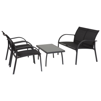 Outsunny Conjunto de móveis de jardim para interior e exterior em aço e vidro Quatro peças: 1 mesa, 2 poltronas e 1 sofá 65x110x78cm Preto