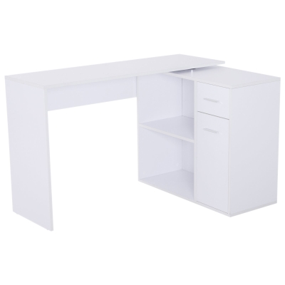 HOMCOM Secretária de Canto Secretária Giratória 180º com 2 Prateleiras 1 Gaveta 1 Armário para Escritório Casa 117x82x74cm Branco