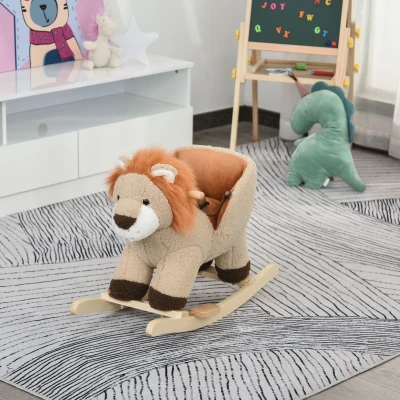 HOMCOM Baloiço Infantil em Forma de Leão de Pelúcia para Bebés 18-39 Meses com Som Cinto de Segurança Guidão Apoio para os Pés 68x35x50cm Marrom