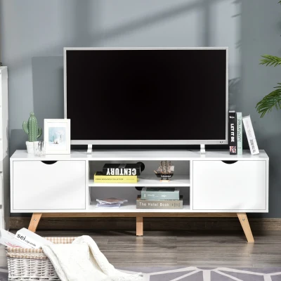 HOMCOM Móvel de TV para Televisores de até 65 Polegadas com 2 Armários Prateleiras Abertas e Puxador Oco 150x39x50 cm Branco e Madeira