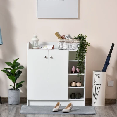 HOMCOM Sapateira Armário Multiuso com 2 Portas Prateleiras Interiores e 4 Prateleiras Exteriores com Altura Ajustável 83x30x90 cm Branco