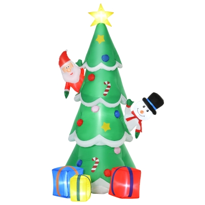 HOMCOM Árvore de Natal Inflável 180cm com Luzes LED Decoração de Papai Noel Boneco de Neve e Presentes com Inflador para Interior e Exterior 115x105x180cm Verde