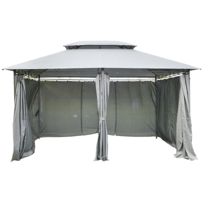 Outsunny Pérgola de jardim 3x4 m com estrutura de aço telhado duplo 6 cortinas laterais 8 orifícios de drenagem Boa ventilação para festas Eventos cinza