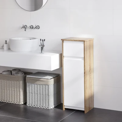 Kleankin Armário Casa de Banho Baixo Armário de Madeira com Gavetas e 2 Prateleiras para Sala de Estar Dormitório Cozinha 32,6x30x90cm Natural e Branco