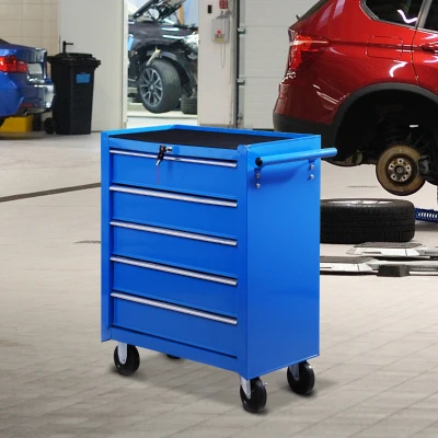 HOMCOM Carrinho de Ferramentas para Oficina com Rodas e 5 Gavetas Fechadura e Alça Lateral 67,5x33x77 cm Vermelho