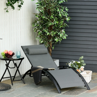 Outsunny Espreguiçadeira Reclinável com Encosto Ajustável em 5 Posições e Apoio de Cabeça Removível Acolchoado Alumínio Textilene para Varanda Terraço Jardim 171x64x82 cm Cinza