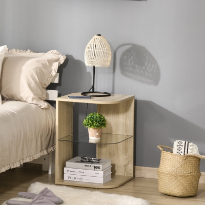 HOMCOM Mesa Auxiliar Moderna Mesa de Cabeceira com 3 Prateleiras 1 de Vidro para Sala de Estar Dormitório 40x40x56cm Madeira Natural