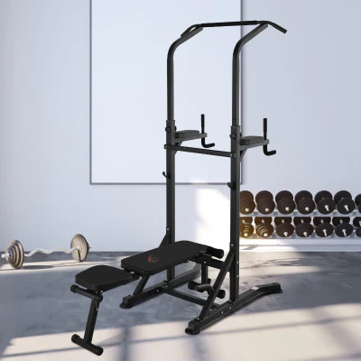 HOMCOM Estação de Musculação Torre de Treinamento Altura Ajustável com Barra de Flexões e Banco Dobrável para Fitness em Casa Academia Carga 150kg 99x178x230cm Preto