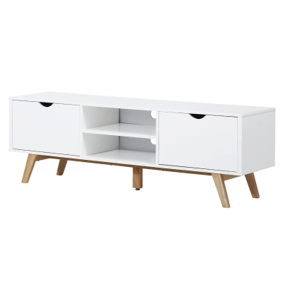 HOMCOM Móvel de TV para Televisores de até 65 Polegadas com 2 Armários Prateleiras Abertas e Puxador Oco 150x39x50 cm Branco e Madeira
