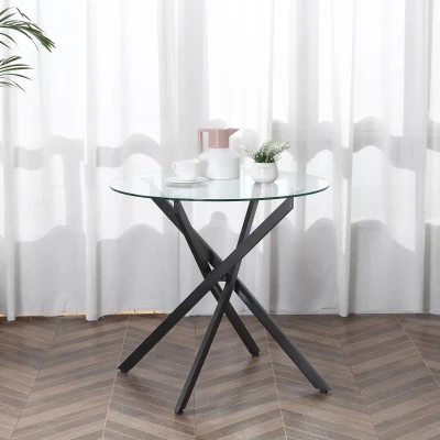HOMCOM Mesa de Sala de Jantar Redonda com Bancada de Cristal Temperado Transparente e Pés Cruzados de Metal Mesa de Centro Moderna Ø80x75cm Preto