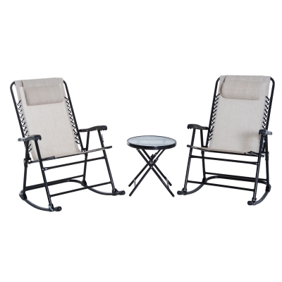 Outsunny Conjunto de móveis de jardim, mesa redonda Ø46x49 cm e 2 cadeiras de balanço 68x90x106 cm dobrável com fechadura para pátio externo Bege