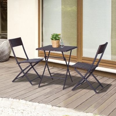 Outsunny Conjunto de 3 Peças de Rattan Conjunto de 2 Cadeiras e Mesa para Pátio Varanda Jardim Dobrável Desenho Trançado Elegante Mesa de 60x60x72 cm Cor Marrom