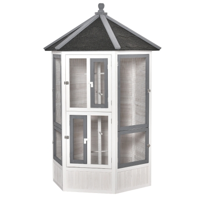 PawHut Gaiola para Pássaros de Madeira para Varanda Jardim com Múltiplas Portas Janelas 2 Ninhos de Pássaros 5 Poleiros e Teto Asfáltico 125x125x183cm Cinza Branco e Preto