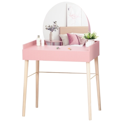 HOMCOM Toucador Vintage com Espelho Redondo Mesa de Maquilhagem com Gaveta e Pés de Madeira Inclinadas para Dormitório 76x48x123,5cm Rosa
