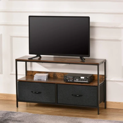 HOMCOM Móvel de TV até 47” Móvel de TV Industrial com Prateleira e 2 Cestos de Tecido Dobráveis para Sala de Estar Dormitório Estrutura de Metal 98x29x56cm Marrom Rústico e Preto
