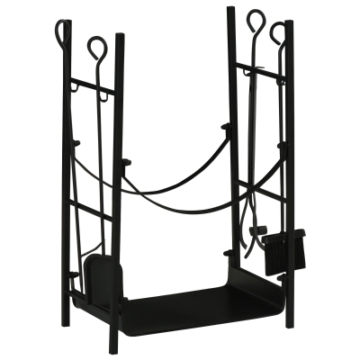 Outsunny Suporte para Lenha de 2 Níveis Porta Lenha Exterior e Interior Metálico com 4 Ferramentas para Lareira Carga Máx. 70kg 44,5x29,x73 cm Preto