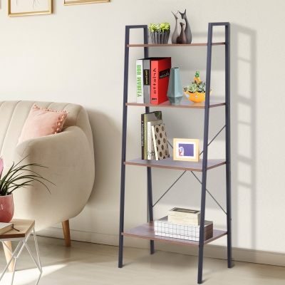 HOMCOM Estante de escada com 4 prateleiras para sala de estar  60x35x145cm preto e madeira