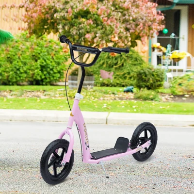 HOMCOM Trotinete para Crianças acima de 5 anos Scooter de 2 Rodas Grandes de 12 Polegadas com Freio e Guidão Ajustável em Altura Carga Máx. 100kg 120x52x80-88cm Rosa
