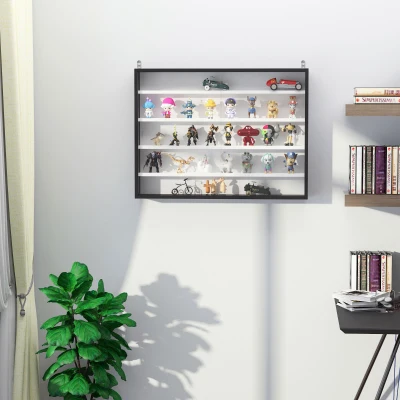 HOMCOM Vitrine de Parede de Madeira com Prateleiras Ajustáveis e 2 Portas Corredeiras de Vidro para Coleções Perfumes Bonecos de Decoração 80x9,5x60cm Preto