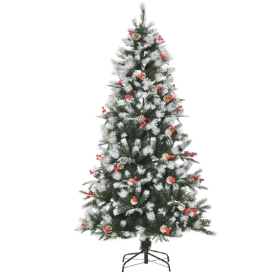HOMCOM Árvore de Natal Artificial 180cm com 678 Ramas 53 Pinhas e 53 Frutinhas Folhas de PVC PE Base Dobrável e Suporte Metálico Decoração de Natal para Interiores Verde