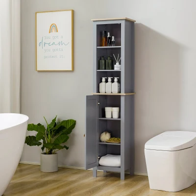 Kleankin Armário de banheiro alto móvel de coluna estreita com 1 porta de prateleira ajustável e 3 compartimentos abertos 39x30x168 cm Cinza