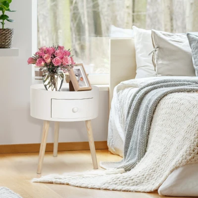 HOMCOM Mesa Apoio Redonda com 1 Gaveta Borda Elevada e 3 Pés de Madeira  Estilo Moderno Ø38x45 cm Branco