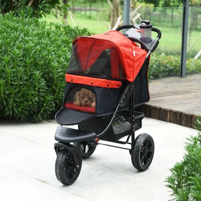 PawHut Carrinho dobrável para animais de estimação com 3 rodas Correias de segurança e cesto de armazenamento 109,5x54,5x106,5 cm Vermelho e preto