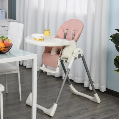 HOMCOM Cadeira de refeição ajustável e dobrável para bebê acima de 6 meses com bandeja dupla  55x80x104 cm Rosa
