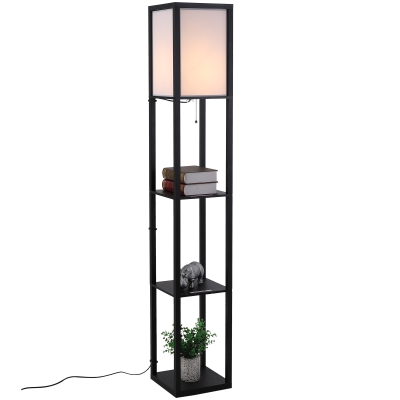 HOMCOM Candeeiro de Pé de Madeira com 3 Prateleiras De Armazenamento para Lâmpada E27 Potência Máx. 40W Candeeiro Moderno para Sala de Estar Dormitório 26x26x160cm Preto